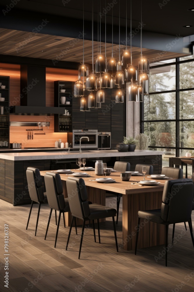 b'Black and wooden modern kitchen and dining room with large windows'