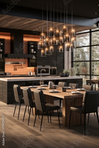 b'Black and wooden modern kitchen and dining room with large windows'