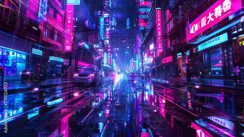 Neon-lit city street with reflective wet surface. Cyberpunk aesthetic digital art.