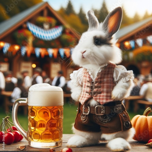 Charming rabbit in historic attire sipping beer at festive oktoberfest gathering photo