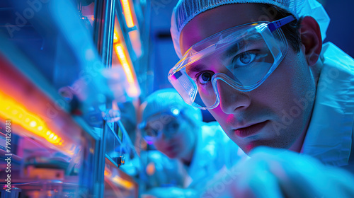 Image of the R&D center with portrait of engineers wearing protective glasses researching a new energy source