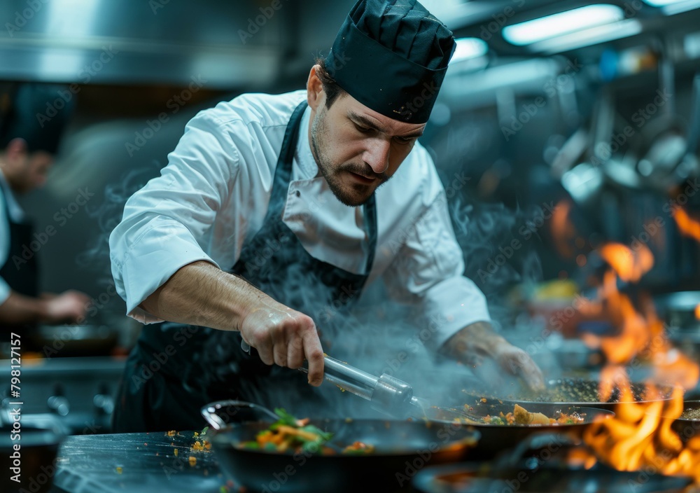 b'Stir-frying in a professional kitchen' b'Stir-frying in a professional kitchen'