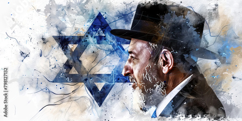 The Israeli Flag with a Rabbi and a Technological Innovator - Picture the Israeli flag with a rabbi representing Judaism and Israeli culture, and a technological innovator symbolizing Israel's advance