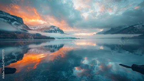 b Mountains and lake under vibrant setting sun 