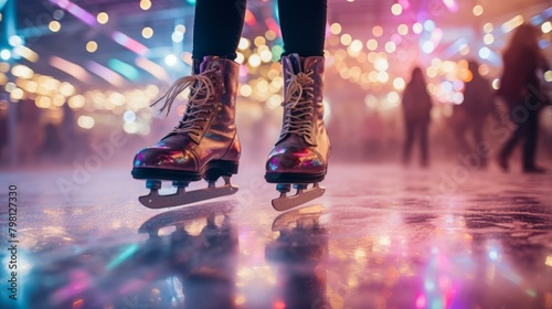 b'ice skating at an indoor ice rink with colorful lights' photo