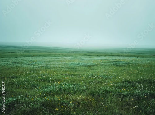 b'Foggy green grassland with yellow flowers' photo