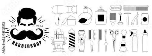 Set of black line icons of elements for hairdressing salon. Hair clipper, combs, scissors, hair dryer, razor, perfume, barbershop supplies, vector line art style