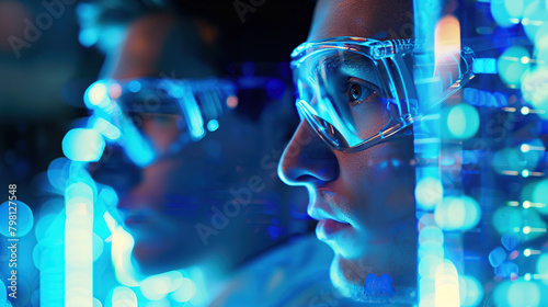 Image of the R&D center with portrait of engineers wearing protective glasses researching a new energy source