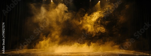 Black stage with yellow smoke below, like fog on the floor. In a dark room.	
