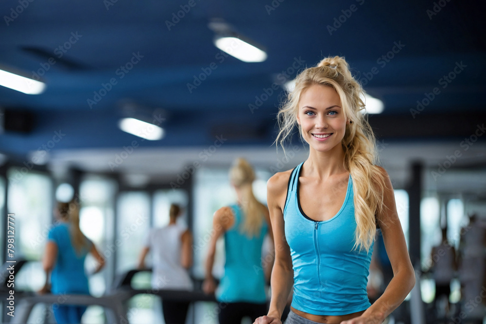 runs on a treadmill in the gym. beautiful girl with blue eyes. Blonde. Smiling.
