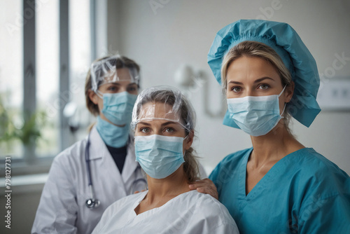 Portrait of Doctor Caring about her Patient - Nurse in Hospital room - every day hero - wearing full medical protection with mask and cap