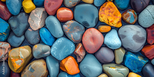 top view of Vibrant colorful stones background multicolor Pebble colored beach stones pattern wallpaper