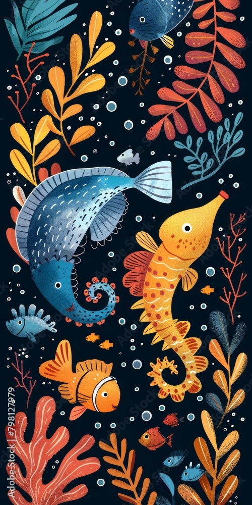 b'Illustration of a school of fish swimming in a coral reef' b'Illustration of a school of fish swimming in a coral reef'