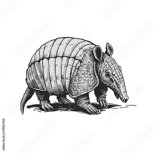 Armadillo engraved style ink sketch drawing, black and white vector illustration