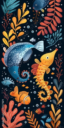 b'Illustration of a school of fish swimming in a coral reef' photo