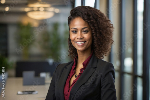 The business girl , an African American , is smiling . Portrait