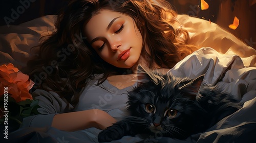 b'A beautiful woman sleeping with a black cat'
