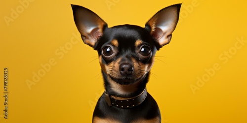 b'A Chihuahua dog with a collar on a yellow background'