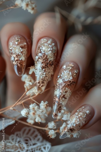 b'A close-up image of a hand with a beautiful floral nail design'