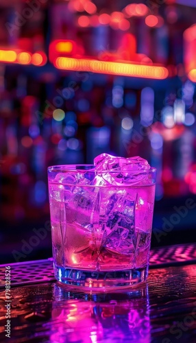 A glass of whiskey on the bar counter with a blurred background of a bar