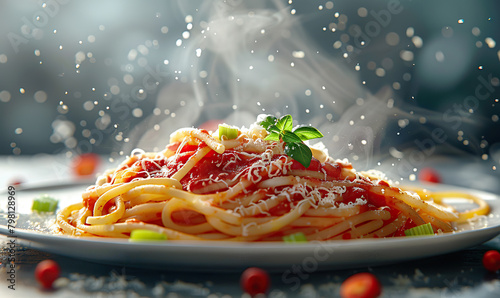 Close-up of spaghetti with tomato sauce, cheese, and basil, evoking a dynamic atmosphere. Generate AI