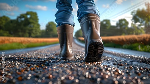 Farmer in rubber boots walks on rural road near fertile field. Concept Farm Life, Rural Landscape, Rubber Boots, Agriculture, Country Living