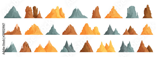 Vector set of isolated snowy mountains, mountain peak, hilltop, iceberg, natural landscape. Landscape camping and hiking. Outdoor travel, adventure, tourism, mountaineering design elements