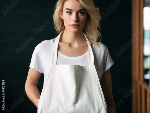 b'Portrait of a young woman wearing a white apron standing in a dark room'