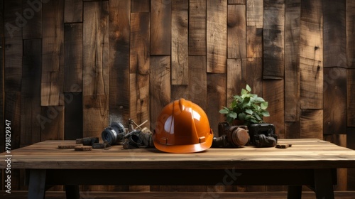 b'Orange hard hat on a wooden table with tools and a potted plant' © duyina1990