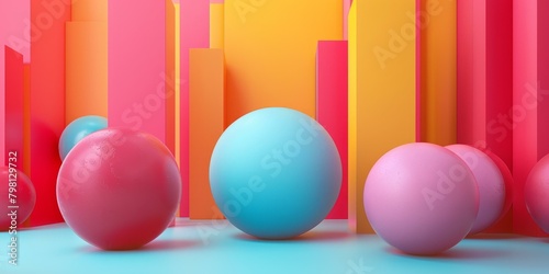b'Pink and Blue Balls in a Colorful 3D Environment'