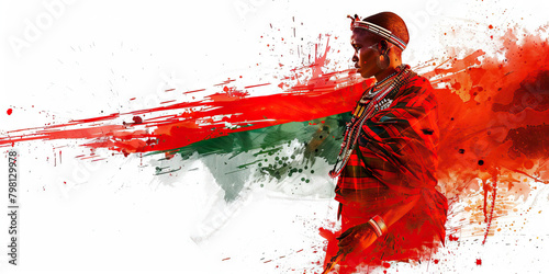 The Kenyan Flag with a Maasai Warrior and a Safari Guide - Visualize the Kenyan flag with a Maasai warrior representing Kenya's indigenous culture and a safari guide symbolizing the country's wildlife photo