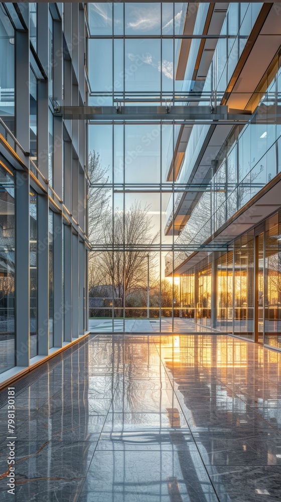 b'Modern glass and steel office building interior with atrium' b'Modern glass and steel office building interior with atrium'