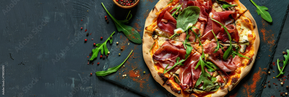 Gourmet Prosciutto and Arugula Pizza on Dark Rustic Background Gourmet Prosciutto and Arugula Pizza on Dark Rustic Background