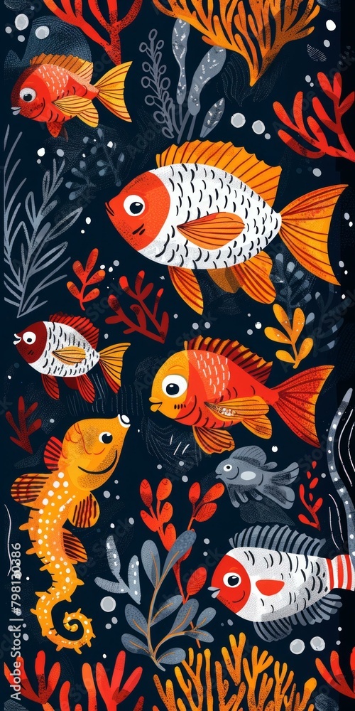 Obraz premium b'Colorful fishes and seahorses in a coral reef'