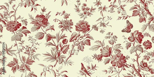 b'Vintage red and cream floral chintz pattern'