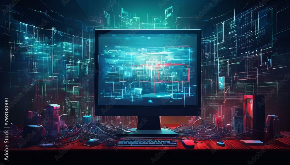 Create an image illustrating a cyber attack on a computer network. Create an image illustrating a cyber attack on a computer network.
