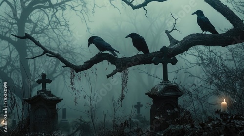 spooky halloween night 3 crow's perch in the branches of a dead tree. at the base of the tree are graves. photo