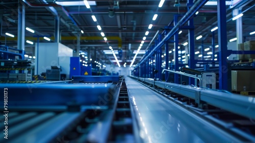 Empty conveyor belt in a modern factory with blue lighting. Industrial workplace concept.