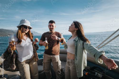A group of friends share laughs and cold beers aboard a boat, enjoying a joyful lake vacation with mountains in the backdrop. © qunica.com
