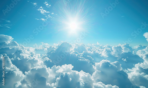 A breathtaking view of the sun beaming above fluffy white clouds in the sky. Generate Ai