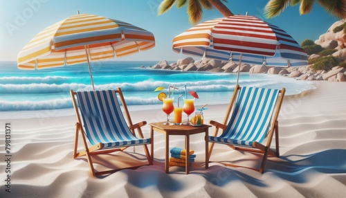 Paradise relaxing view of the beach with colorful umbrellas and folding chairs, table with glasses of juice against the backdrop of the sea, daytime sun