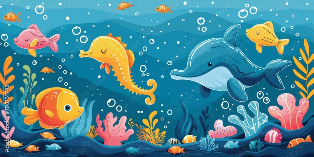 Obraz premium b'Underwater scene with cute cartoon fish and dolphin'