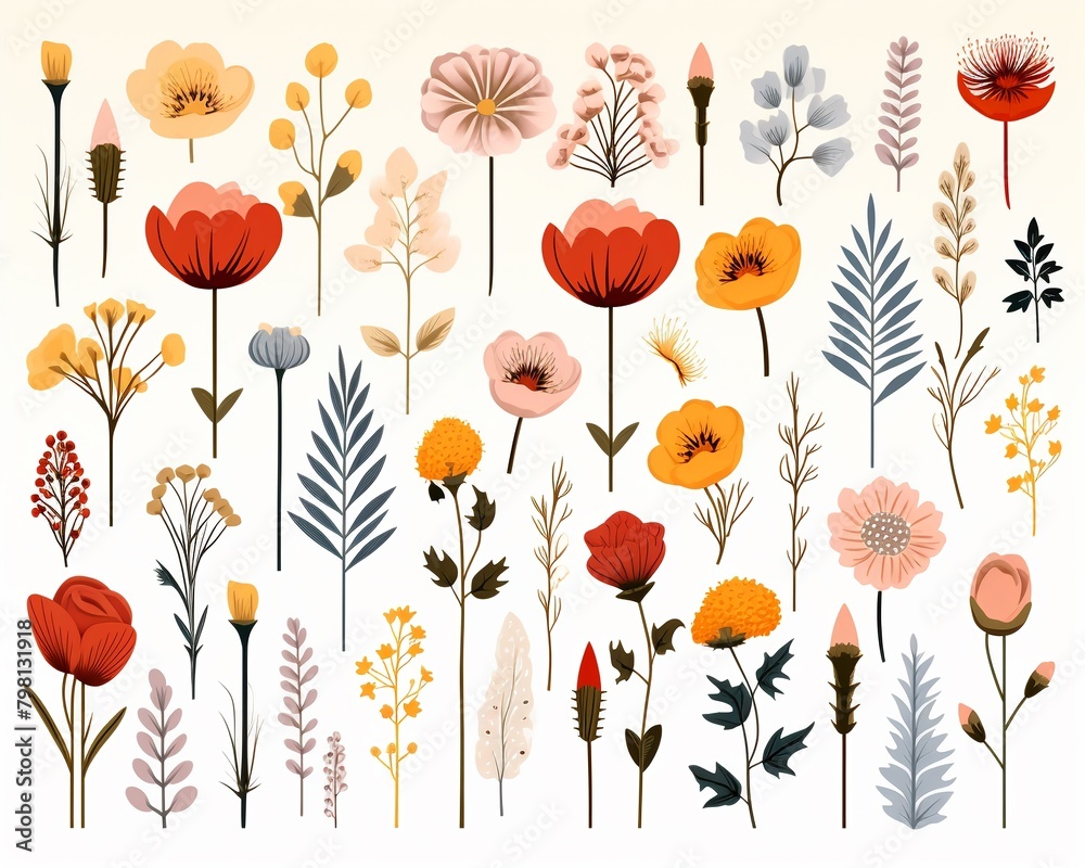Vintage flower collection, childs drawing style, flat simple graphics, white vector background, colorful ,  illustration