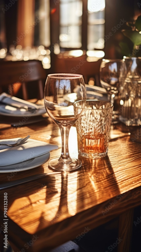 Fototapeta premium b'An elegant place setting with wine and whiskey glasses on a wooden table'