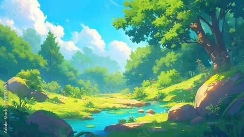 Immerse yourself in a vibrant cartoon forest setting where lush deciduous trees moss covered rocks swaying grass and charming bushes bask in the dappled sunlight This enchanting nature lands photo