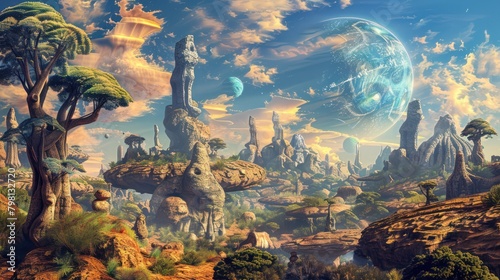 Rocky desert landscape, Illustration sci fi fantasy world planet surface. photo
