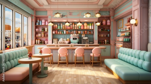 b'Retro 50s Diner Interior With Pink and Blue Pastel Colors' © duyina1990