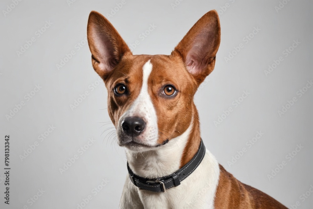 Portrait of Basenji dog looking upwards. Studio shot. Portrait of Basenji dog looking upwards. Studio shot.