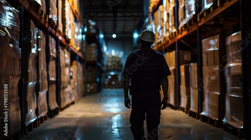 Warehouse worker walking between rows of shelves with boxes at night. Industrial employment and logistics concept photo