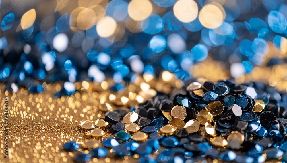 Sparkly blue and gold glitter background in a close-up view